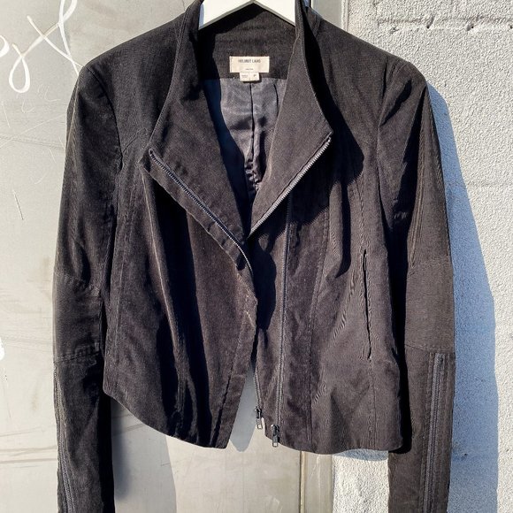 Helmut Lang Black Corduroy Zip Up Asymmetrical Moto Jacket Petite Designer - Picture 6 of 9